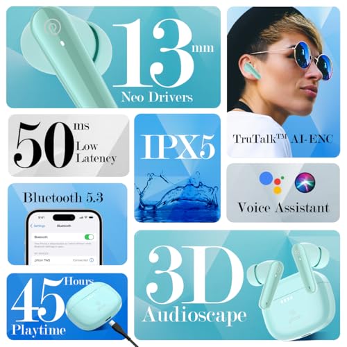 Image of pTron Bassbuds Prism in-Ear TWS Ear Buds w / 3D AudioScape, 45Hrs Playtime, TruTalk AI-ENC Calls, 50ms Low Latency Sync, BTv5.3, Snug-fit, Type-C Charging, Voice Asst. & IPX5 Water Resistant (Julep)