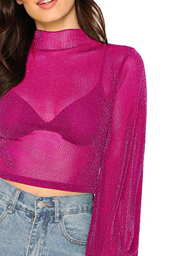 Romwe Women's Bishop Sleeve Glitter Mock Neck Sexy Sheer Mesh Crop Blouse Top Hot Pink Medium #TOP4