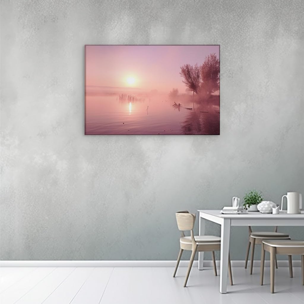 Canvas for Living room. Dawn's Gentle Embrace: Early Morning Serenity on a Misty Lake, 27 x 18 inch Canvas Wall Art - Contemporary Masterpieces - Modern Home Decor - 130x86 cm (51x34 inch)