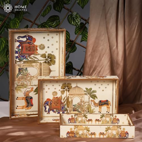 Image of Wooden Serving Tray with Gold Engraving | Set of 3 | Size : 16 x 10 inch, 14 x 8 inch & 12 x 6 inch | Enamel Coated Waterproof | Rectangular | Decorative Trays | Royal Camel Set