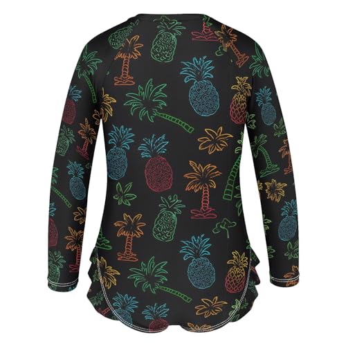 ALAZA Neon Palm Tree Pineapple Black Girls One Piece Swimsuit Long Sleeve Rash Guard Swimsuits UV 50+ Swimwear Zipper3