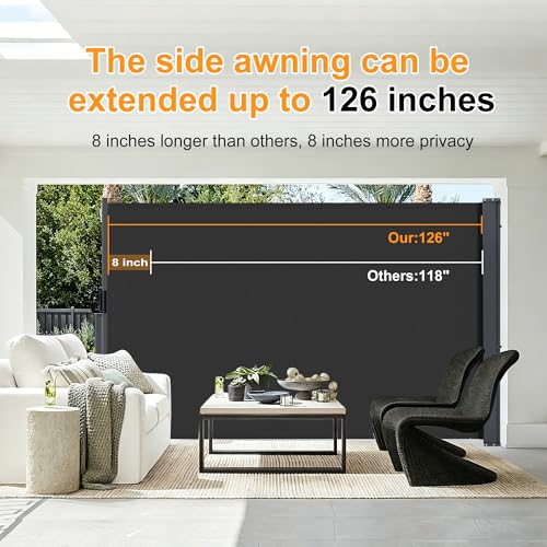 Image of HOMEDEMO 126 inch x 71 inch Retractable Side Awning with Privacy Screen Protection, Carbon Gray Waterproof & UV-Resistant Outdoor Side Pull Shade for Patios, Balconies and Gardens