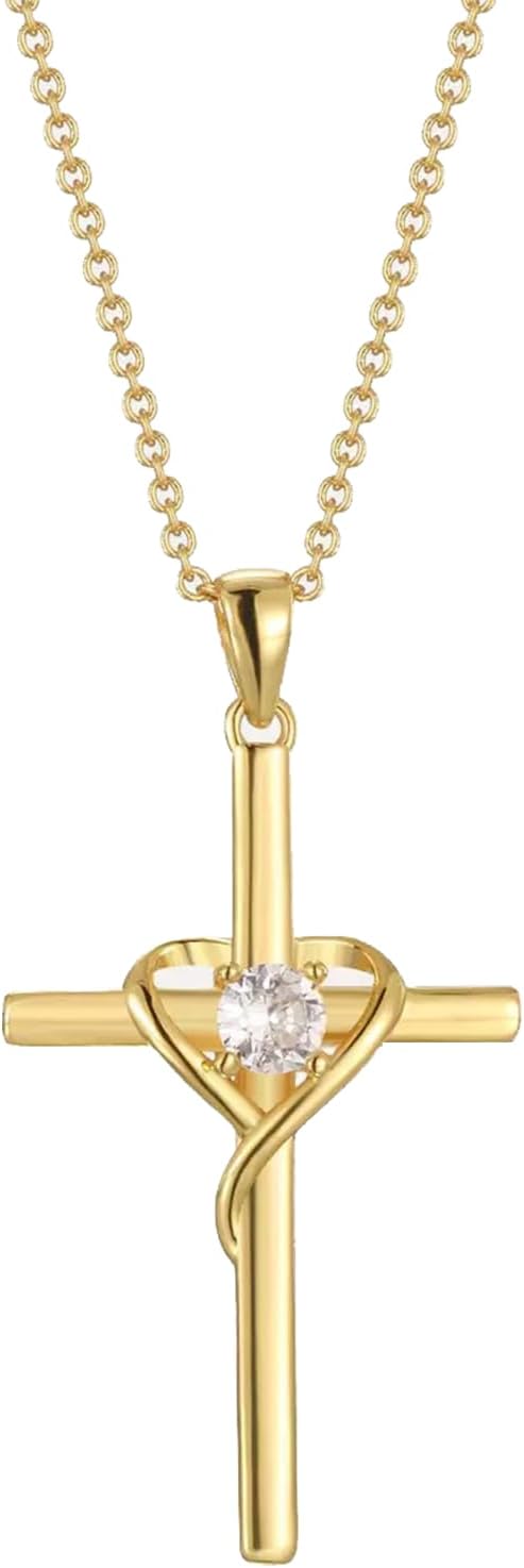 Classic 14K Gold plated Cross Necklace Romantic Heart with Sparkling Diamonds Shining Brightly Jewelry