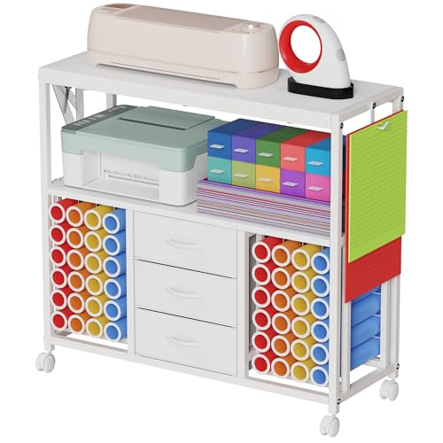 48 Vinyl Roll Holders for Cricut Cart 32W Large Craft Cart with 3 Fabric Drawer Craft Organization and Storage Compatible with Cricut Maker Machine Crafting Table Workstation White Patent Pending