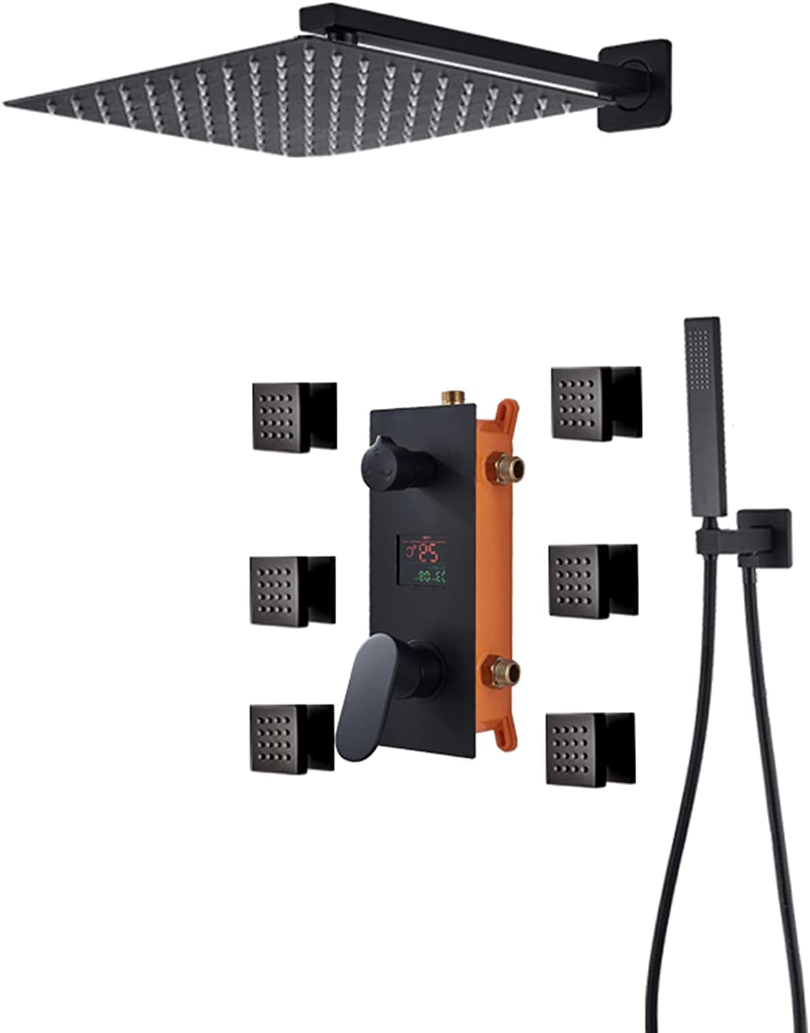 QUSYZD Shower System Temperature Display Concealed Shower Combo Set Matt Black Shower Mixer Taps Set with 6 Body Sprays with Brass Hand Shower and Waterfall Rainfall Shower,16 Inch