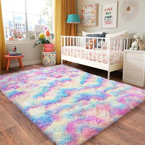 Rainbow Rug for Living Room, 6x9 Area Rug for Cute Girls Room, Bedside Indoor Floor Fluffy Shag Carpet, Plush Soft Rug for Bedroom Nursery Dorm Home Decor