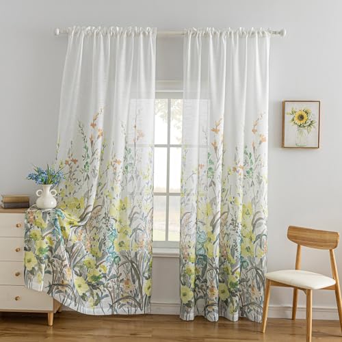Image of SUOUO Gray Yellow Wildflower Floral Semi Sheer Curtains 96 inches 2 Panels | Linen Textured,Light Filtering,Farmhouse Cottage Decor,Rod Pocket,Window Drapes for Living Room Bedroom Dining Room