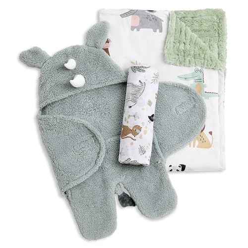 Image of Evolur buybuy Baby Safari Snuggles 3 pc Gift Set - Sherpa Sack Wrap, Bamboo Muslin Wrap & Velour Blanket