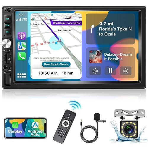 Podofo Radio de Coche 2 DIN con CarPlay Android Auto y Bluetooth,Radio Estéreo de Coche de 7 Pulgadas con Pantalla HD Mirror Link/Radio FM/Control del Volante+Cámara de Visión Trasera+Micrófono