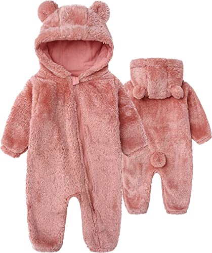 Image of YuMENo Newborn Baby Fleece Jumpsuit Zipper Hooded Romper Warm Snowsuit Outfits for Infant(Pink,3-6 Months)
