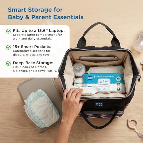 Image of Mee Mee Metro Luxe Mom Diaper Bag Backpack | Large Capacity Baby Bag with Multiple Pockets | Bottle Warmer Pocket | Changing Mat | Travel-Friendly & Stroller Straps | Waterproof & Stylish