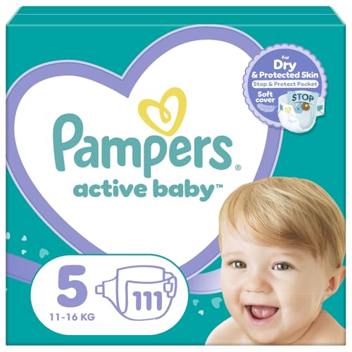 Pampers Tamaño 5 de pañales activos para bebés (11-16 kg), 110 unidades, protección contra fugas todo el día