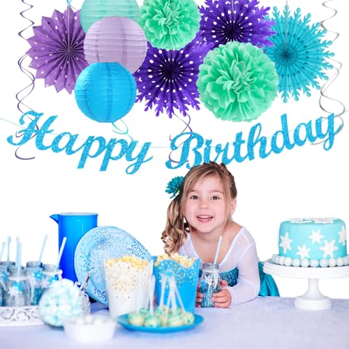 Image of Winter-Wonderland Christmas-Snowflake Frozen Birthday Party-Decorations - 21pcs Happy Banner,Blue Purple Teal Paper Lanterns Honeycomb Streamers,Tissue Pom Poms Flower Fan,Hanging Decor Huglony