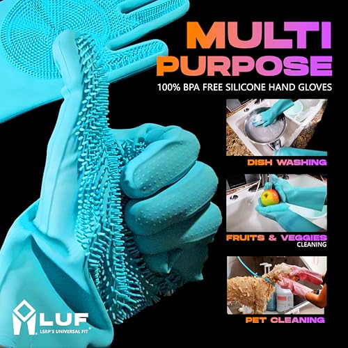Image of LUF Dishwashing Hand Gloves for Kitchen, 100% BPA Free Silicone Gloves for Washing Utensils, Dog Cleaning & Pet Bathing, Cooking | Waterproof - Heat Resistant - Long Scrubber - Reusable - 1 Pair
