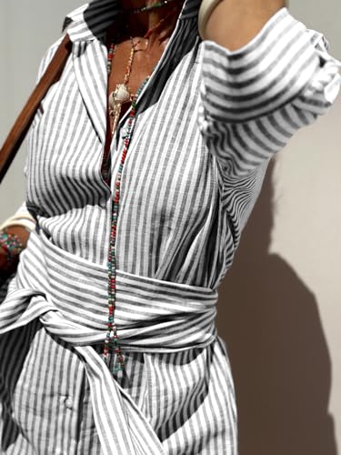 Image of chouyatou Women's Summer 3 /4 Sleeve Striped Shirt Dress Belted Maxi Long Casual Button Down Beach Dress