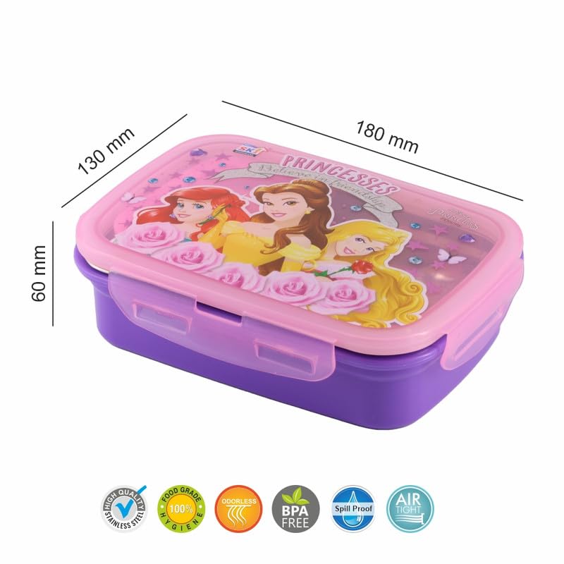 Image of SKi Homeware SnapLock Lunch Box for Kids with Stainless Steel Removable Inner Container +125ml dabbi + Spoon | Leak Resistant | Genuine Character Merchandise | Perfect for Birthday Gifts - Princess