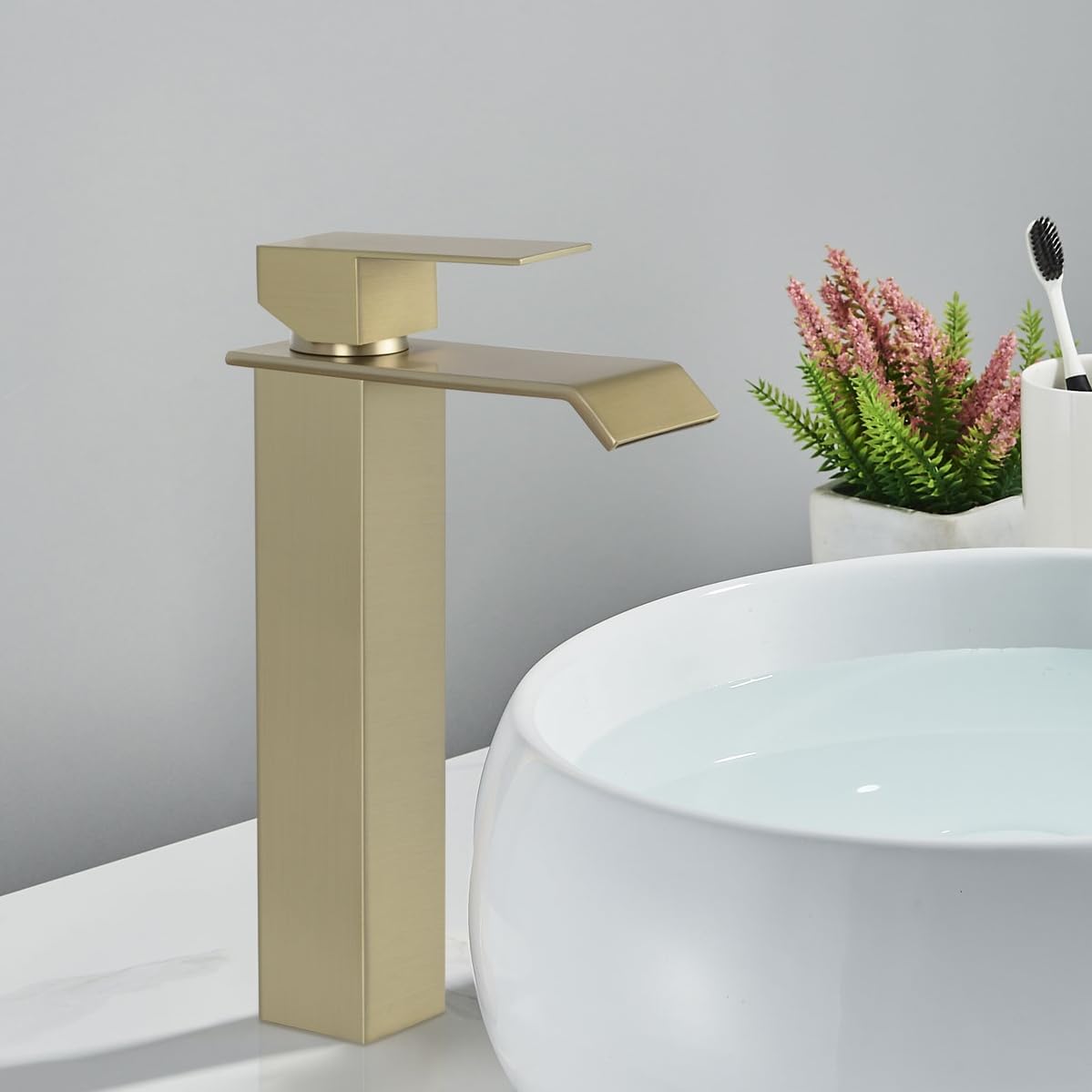 Rubinetto Lavabo Alto Oro Spazzolato - Miscelatore Monocomando Bagno In Acciaio Inox 304 Con Aeratore - Tubi Flessibili 60 Cm Inclusi - 2