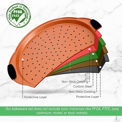 Nutrichef Non-Stick Pizza Tray for Oven, 33cm Round Carbon Steel Baking Trays with Perforated Holes, Silicone Handles, Dishwasher Safe, Pizza Stone Alternative, Copper - Image 6