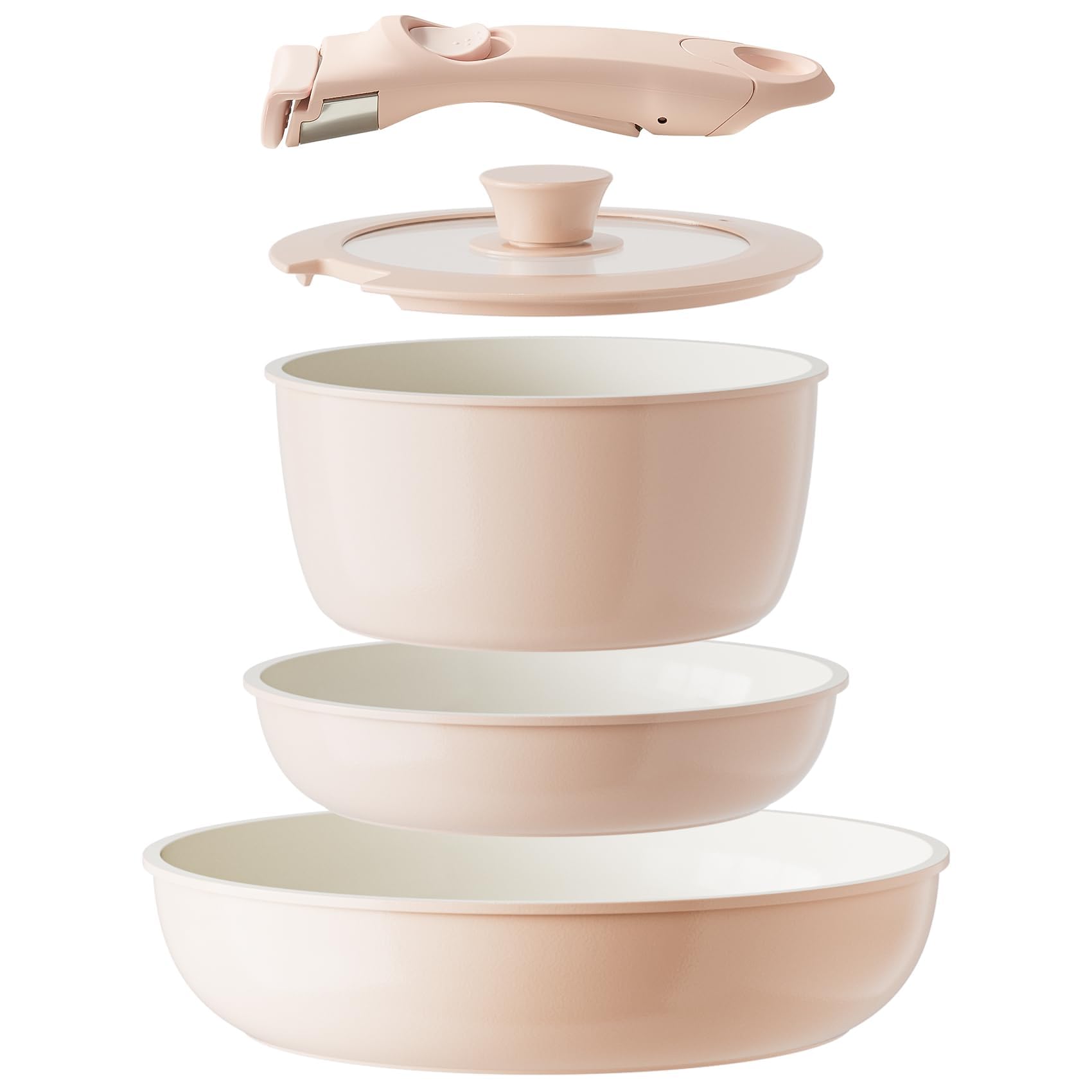 Redchef Set di pentole in ceramica con manico rimovibile, per campeggio, ceramica, non tossico, senza PFAS, senza PFOA, salvaspazio, lavabile in lavastoviglie, colore: rosa