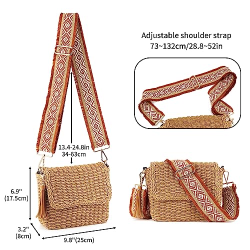 Women's Summer Straw Braided Crossbody Bag with Tassel Chain,Shoulder Straps Woven Beach Handbag Handmade Wallet Purse3