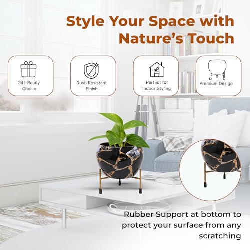 Image of Natural Earth Metal Flower Vase Planter Pot with Iron Stand | Decorative Plant Cachepot for Indoor & Outdoor Use | Succulent Pot for Home & Garden Decor (Marble Black)