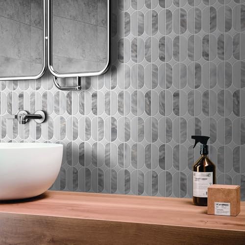 Mosaic Tile Backsplash Tiles for Kitchen 5 Sheets Bathroom Floor Wall Interior Decorative Water-Jet Stone Mosaic Tiles for Kitchen Wall Floor Backsplash ‎4.78 Square Feet (Gray and White)