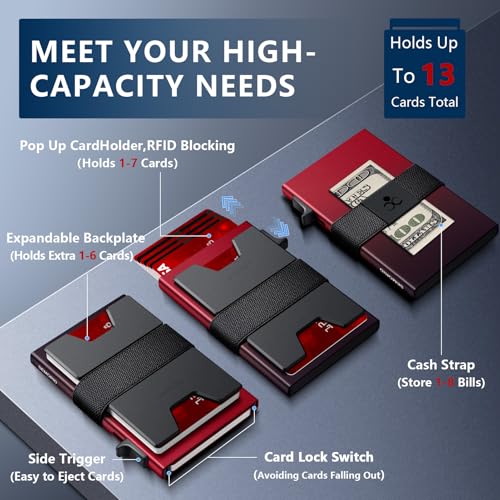 Image of SEMORID Slim Aluminum Card Holder Wallet for Men, Durable Expandable Backplate, RFID Blocking Minimalist Metal Pop Up Wallet, Holds 12+ Cards Plus Cash