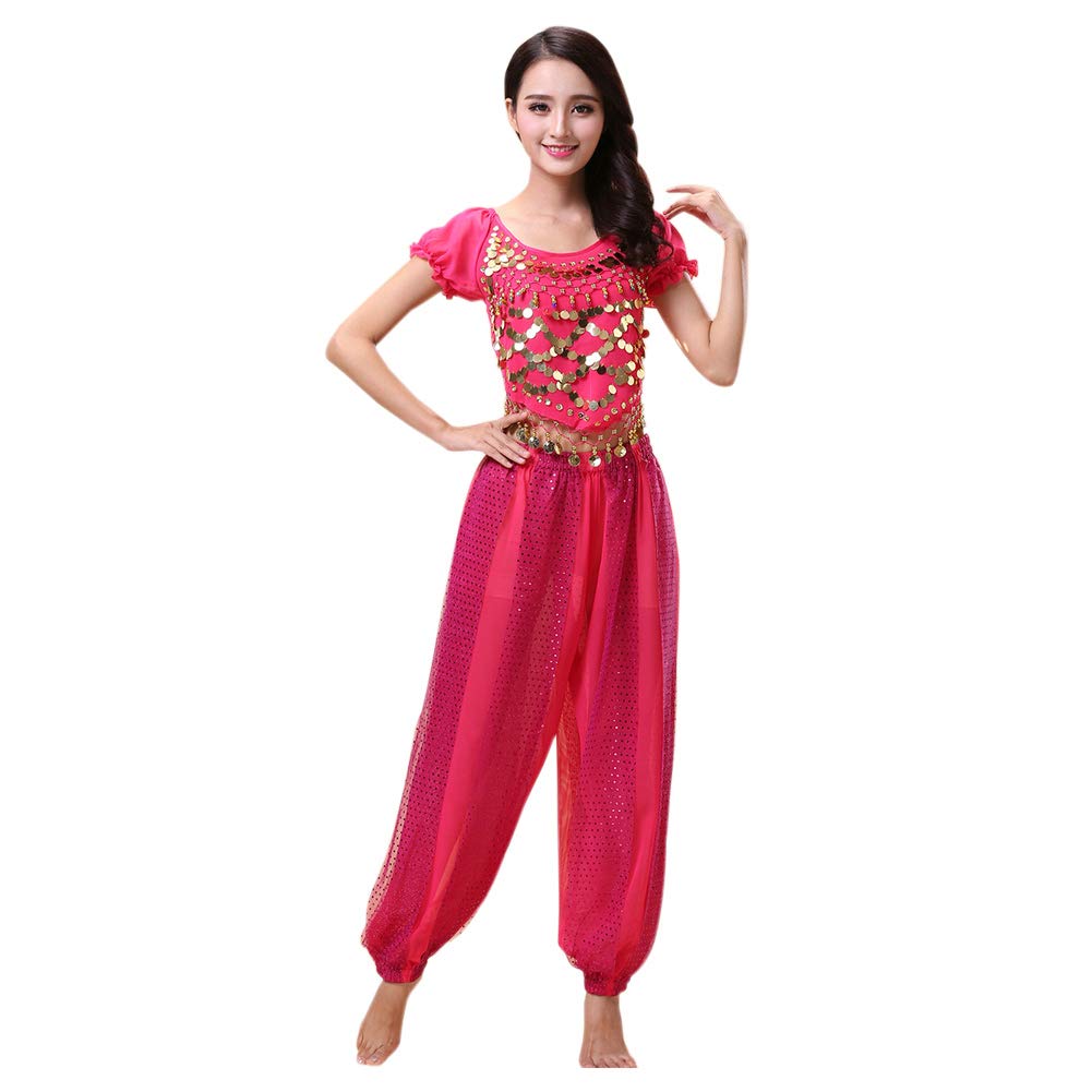 kewing Womens Belly Dance Costume Set - Dancing Top + Lantern Pants Professional Carnival Dancer Outfit Suit Rose Red