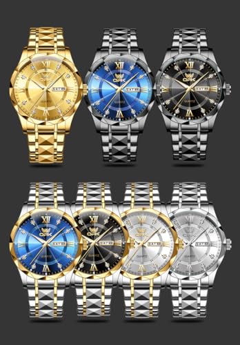 Image of OPK Watches for Men Diamond Roman Analog Mens Watches Waterproof Large Stainless Steel Men Wrist Watch Business Father Gift Watch Blue
