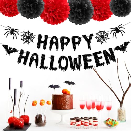 Image of Red Black Happy-Halloween Party Decorations - 13PCS Spider Web Bats Streamers Banner ,Paper Flowers Lanterns Tissue Pom Poms Fans, Classroom Birthday Bachelorette Hanging Supplies Decor Hugfond