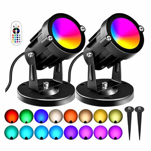 AGDJASA RGBW 8W LED Spotlight with Remote 16 Color Changing Landscape Lighting for Outdoor Indoor 120V Plug-in & 6FT Cord Spotlight Flag Light for Garden Tree (2)
