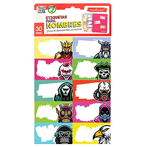 PACK 30 ETIQUETAS ESCOLARES STARPLAST - Etiquetas adhesivas, 75x45mm, con diseños, colores básicos, para asignaturas, la escuela o tus apuntes - Diseño 7
