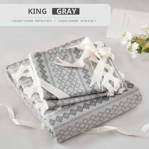 Image of INK+IVY Imani 100% Cotton Duvet Mid Century Modern Design, All Season Comforter Cover Bedding Set, Matching Shams, King /Cal King, Gray Chenille Tufted Accent 3 Piece