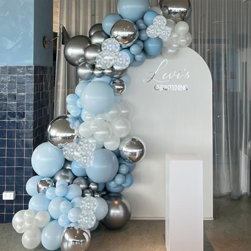 Image of Blue Winter Wonderland Balloons, 60 PCS 12 Inch Dusty Light Baby Blue White and Silver Balloon Snowflake Balloons for Boy Baby Shower Winter Christmas Holiday Birthday Party Decorations