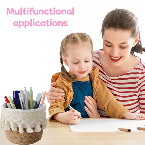 Boho Makramee Stifthalter Set, 2 Stück, Schreibtisch Organizer mit Quasten, 12 cm x 10 cm, Beige und Jute