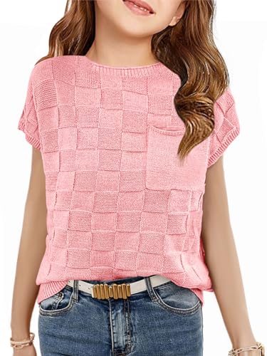 Haloumoning Girls Tops Summer Cute Vest Kids Cap Sleeve Crewneck Tanks Knit Loose Tops with Pocket 5-14 Years