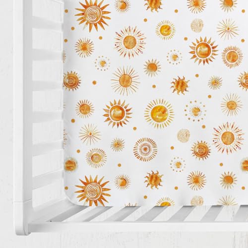 Image of Watercolor Suns Totem Baby Crib Sheets 52''x28'' Boho Sunshine Stretchy Fitted Crib Mattress Covers for Boy Girl Golden Suns Soft Nursery Baby Bed Sheets for Standard Crib and Toddler Mattress