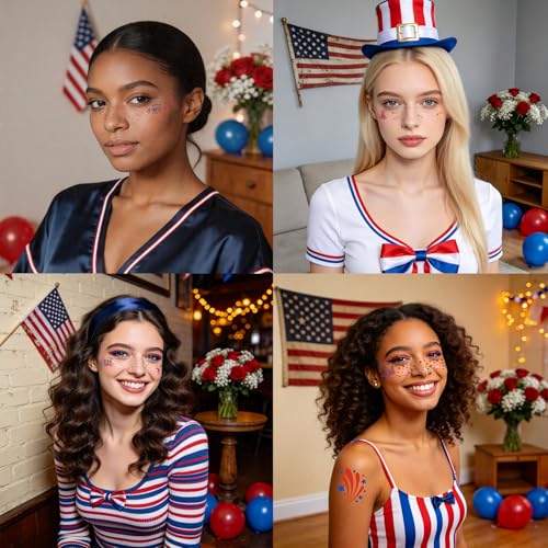 Image of 28PCS 4th of July Face Tattoos, Red White Blue Glitter Freckles Stars Stripes USA Flag Temporary Tattoos, Patriotic Face Stickers for Women Kids, Independence Day Party Makeup Accessories