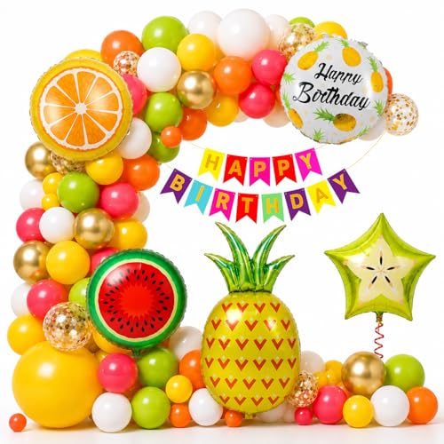 Image of Rozi Decoration Tropical Fruit Theme Birthday Decoration Kit Pack of 63 | Fruit Foil Balloons | Latex Balloons with Glue Dots & Arch for Birthday Party Decorations
