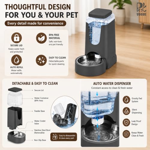 Image of PetVogue Automatic Cat Water Dispenser with Stainless Steel Bowl Dog Gravity Waterer for Small Medium Pets Puppy Kitten