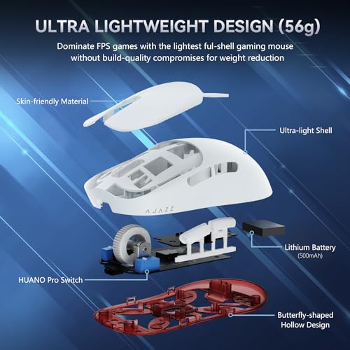 AJAZZ AJ099 SUPERLICHT Kabellose Gaming-Maus,Ultraleicht (56g),PixArt Sensor PAW3311, 12000 DPI, 2.4G/USB-C Wired Gaming-Mäuse,6 Programmierbare Tasten,200 Stunden Akkulaufzeit,für PC/MAC/PS4 – Weiß – Bild 4