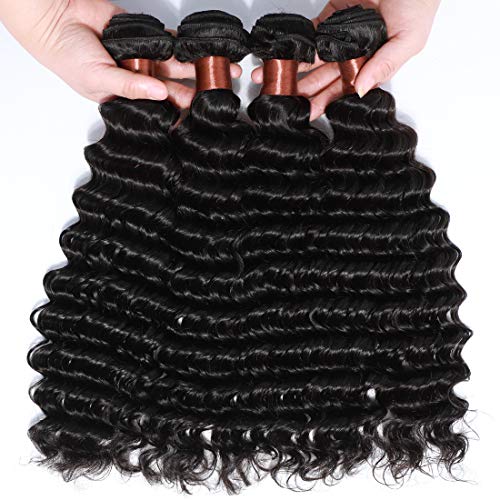 Angie Queen Brazilian Virgin Hair Deep Wave 4 Bundles 20 22 24 26inch 100% Unprocessed Deep Wave Human Hair Weave Extensions Natural Color (100+/-5g)/bundle Can be Dyed and Bleached