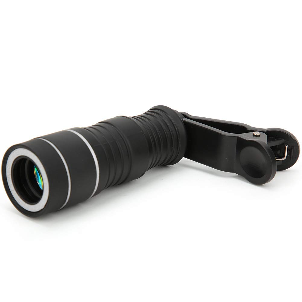 01 02 015 Clip On Camera Lens, Telescope Clip 12X Magnifying High Resolution Black for Mobile Phone