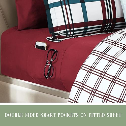 Image of Elegant Comfort 8-Piece Lodge Plaid Reversible Comforter Set - All Season Bed in a Bag, 4-Piece Sheet Set Featuring Smart Pockets, Matching Shams and Decorative Pillow, King /California King, Burgundy