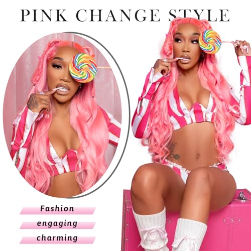 Pink Lace Front Wig Human Hair 13x4 Body Wave 200 Density HD Lace Front Wigs Human Hair Pre Plucked with Baby Hair Pink Colored Lace Frontal Glueless Wigs for Women 20 Inch