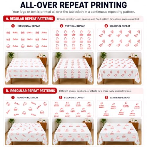 Image of Custom Disposable Tablecloth Roll, Continuous Plastic Table Cloth Roll | 54 in x 410 ft Plastic Table Cover with Cutter Single-Color All-Over Line Art or Text Table Cloths Disposable for Catering