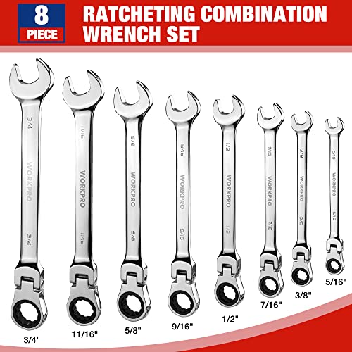 Image of WORKPRO 8-piece Ratcheting Combination Wrench Set, SAE & Polished | SAE 5 /16-3 /4 inch, 180 Flex-Head, 72-Tooth Ratchet, Cr-V Steel, Roll Up Pouch for Auto Repair & Home DIY