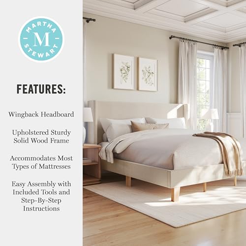 Image of Martha Stewart Maisie King Wingback Upholstered Platform Bed, Beige | Cushioned Siderails, Wood Slat Foundation, No Box Spring Needed