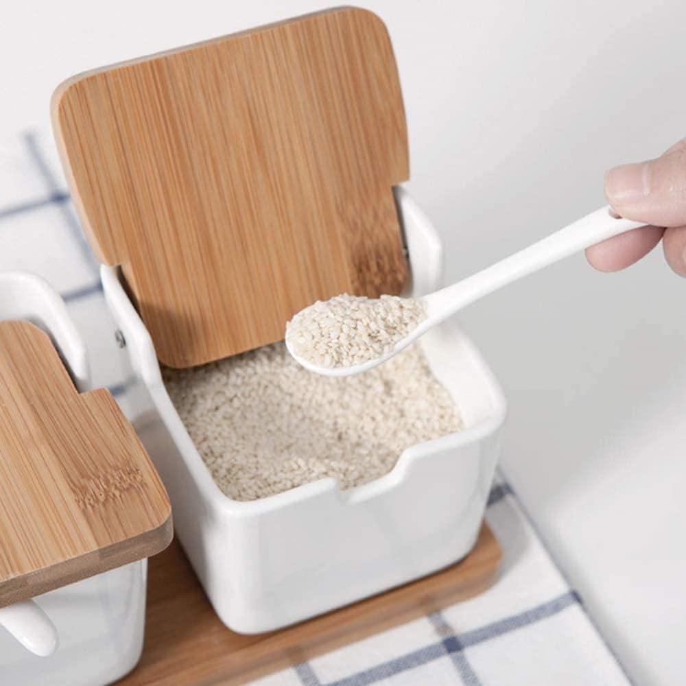 Creativity Barattoli per spezie in Ceramica Zuccheriera Contenitori per Alimenti con Cucchiaio e Coperchio in Legno per Cucina Domestica-Singolo