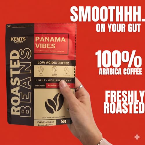 Image of Kents Coffee Panama Vibes | ROASTED COFFEE BEANS | LOW ACIDIC COFFEE | LIGHT MEDIUM ROAST | Whole Bean | |100% Arabica from Chikmagalur | Strawberry, Cacao & Grape Notes | Single Estate Specility Bean | Washed + Sun Dried Arabica | Freshly Roasted (200g)